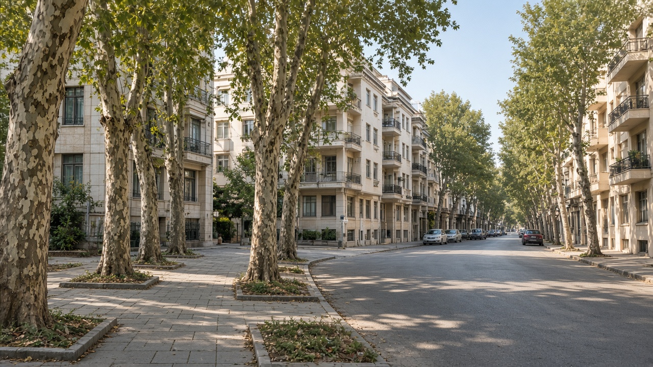 Karşıyaka’da ağaçlı bir apartman sokağı